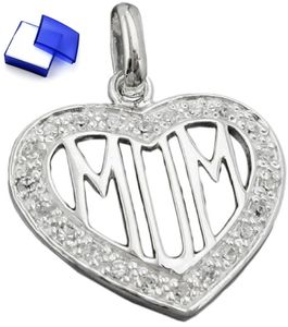 Kettenanhänger Anhänger Herz mit Zirkonias und Schriftzug MOM aus 925 Silber 20 mm inkl. kleiner Schmuckbox