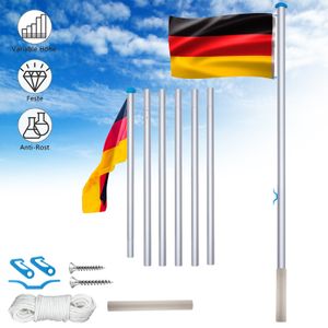 XMTECH Aluminium Fahnenmast 6,50m Höhenverstellbar inkl Deutschlandfahne Flaggenmast Seilzug und Stabil Bodenhülse Mast Flagge