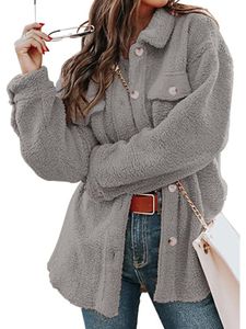 Damen Revers Mantel Single Breasted Plüsch Cardigan Outdoor Casual Warme Fleecejacken, Farbe: Grau, Größe: 2xl