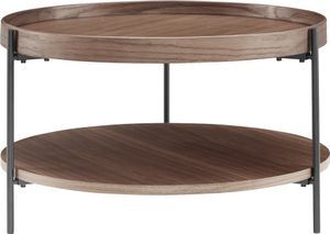 SalesFever Couchtisch Ø 69 cm | rund | mit 2 Ablageflächen | MDF mit Eschenholzfurnier | Metallgestell | B 69 x T 69 x H 39 cm | Walnuss – Schwarz