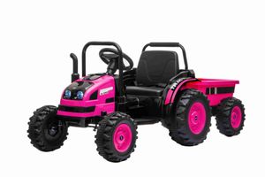 Elektrischer Traktor POWER mit Anhänger, Rosa, Hinterradantrieb, 12-V-Batterie, Kunststoffräder, breiter Sitz, 2,4-GHz-Fernbedienung, MP3-Player mit USB, Vorderradaufhängung, LED-Leuchten