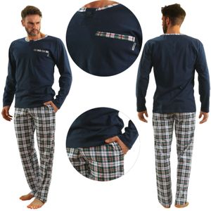 Sesto Senso Herren Schlafanzug Pyjama 100% Baumwolle Langarm + Pyjamahose Nachtanzug - Jasiek Navy - M