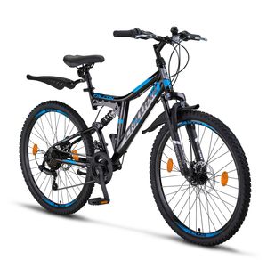 Chillaxx Bike Falcon Premium Mountainbike in 24 und 26 Zoll - Fahrrad für Jungen, Mädchen, Damen und Herren - Scheibenbremse- 21 Gang-Schaltung - Vollfederung, Farbe:Schwarz-Blau Disc-Bremse, Größe:26 Zoll