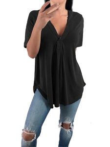 Damen V-Ausschnitt Bluse Kurzarm T-Shirt Sommer Chiffon Tops Plissiert Oberteile Tunika Schwarz XL