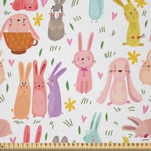 ABAKUHAUS Hase Microfaser Stoff als Meterware , Nette und lustige Kinder Tiere mit Blumen Bunte Kaninchen-rosa Herzen und Blättern, 5 M (230 x 500 cm), Mehrfarbig
