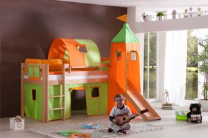 Relita - Halbhohes Spielbett Alex mit Rutsche/Turm/Tunnel Buche massiv natur lackiert mit Stoffset grün/orange