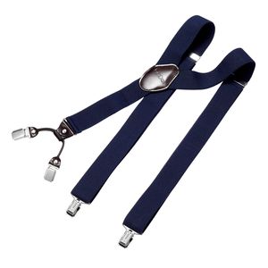 DonDon Herren Hosenträger 3,5 cm breit 4 Clips mit braunem Leder in Y-Form elastisch und längenverstellbar - navy blau