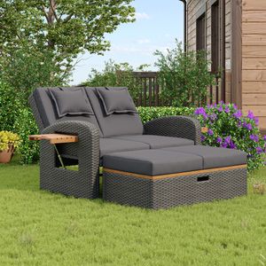 Garten Daybed für 2 Personen, mit Rattan, verstellbare Lehne, Fußhocker und Kissen, grau Garten Daybed für 2 Personen, mit Rattan, verstellbare Lehne, Fußhocker und Kissen, grau