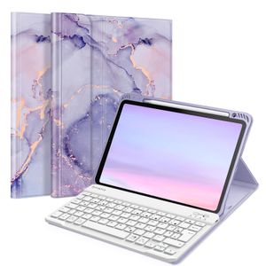 Fintie Tastatur Hülle für iPad Air 5 2022 / iPad Air 4 2020 10.9 Zoll, Schutzhülle mit TPU Rückschale, Pencil Halter und magnetisch Abnehmbarer Tastatur mit QWERTZ Layout, Lila Marmor