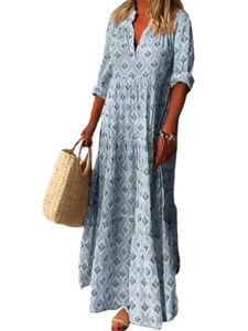 Damen Kurzarm Maxikleider Vintage Stehende Hals Oversized Modische Lose Passform Kleid Blau,Größe 3XL