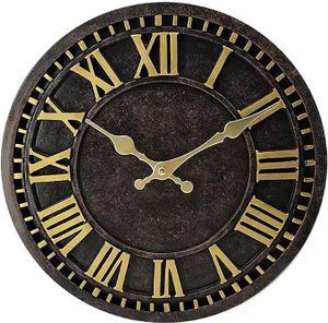 12-Zoll-Metallwanduhr, wasserdichte moderne runde Uhr für den Innen- und Außenbereich, Vintage-Gartenuhr mit römischen Ziffern, Schwarz + Gold