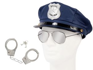 Polizei Cop Paket Polizeihut + Pilotenbrille + Handschellen