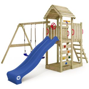 WICKEY Spielturm Klettergerüst MultiFlyer Holzdach mit Schaukel & Rutsche, Kletterturm mit Holzdach, Sandkasten, Leiter & Spiel-Zubehör - blau