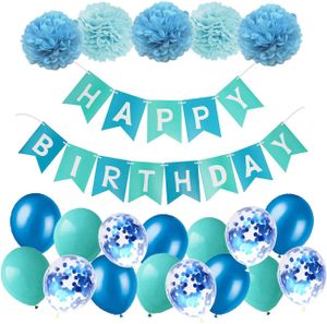 Geburtstagsdeko Jungen Blau Happy Birthday Girlande mit Pompoms und Luftballons Rosa Konfetti Luftballons für Geburtstag Partydeko Mädchen und Frauen