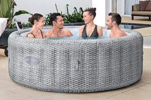 Bestway® LAY-Z-SPA® Energiespar-Whirlpool Bali AirJet™ mit App-Steuerung + integrierter UltraFit™ -Pumpeneinheit, für 6 Personen Ø 196 x 71 cm, Rattan-Optik (Lichtgrau)
