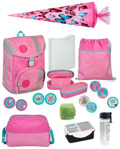 Mädchen Schulranzen-Set 18 TLG. Modell FLEXMAX Ranzen 1. Klasse | Schultasche mit Brotzeit-Dose, Trink-Flasche, Sporttasche, Schultüte 85cm und Regenschutz | Butterfly Pink