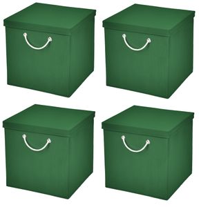 4 Stück Dunkelgrün Faltbox 30 x 30 x 30 cm  Aufbewahrungsbox faltbar mit Kordel und mit Deckel