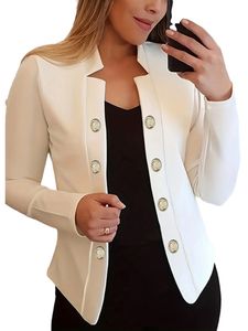 Damen Blazer Anzug Kragen Strickjacke Jacke Casual Slim Fit Langarm Outwear Mantel Weiß-Doppelschnalle,Größe 3XL