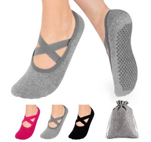 Drei Paar verdickte, rutschfeste Socken mit Handtuch-Sohle, Yoga-Socken mit Kreuzriemen für Frauen, Größe 35-42, mit Leinenbeutel
