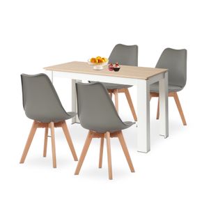 HJ_WeDoo Essgruppe Esszimmer moderner Esstisch in Eichenoptik, Weiße Beine mit 4 Grau Stühlen aus massiver Buche enthalten, für Esszimmer