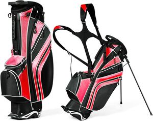COSTWAY Golfbag mit Ständer und Regenschirmhalter, 7 Standbag inkl. Kühltasche und Schultergurt Rot