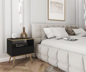 Modern Nachttisch Glow Glamour Nachtkonsole mit Schublade Nachttisch im glamour Stil Nachttischschrank mit goldenen Zusätzen, Farbe: Schwarz, Gold