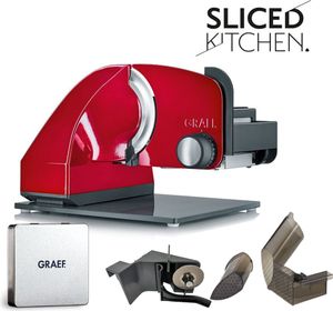 GRAEF M94 Allesschneider - Liebesapfel Rot - Sliced Kitchen - Vollmetall - MiniSlice-Aufsatz - Messerschärfer - Pflegeset GRAEF M94 Allesschneider - Liebesapfel Rot - Sliced Kitchen - Vollmetall - MiniSlice-Aufsatz - Messerschärfer - Pflegeset