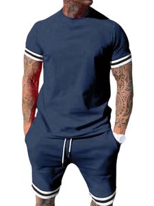 Herren Trainingsanzüge Rundhals T-Shirts+Shorts Outfit Sommer Fitness Freizeitanzug Marineblau,Größe M
