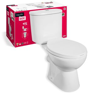 'aquaSu® Basic WC-Kombination 374, Stand WC spülrandlos, Tiefspüler, Abgang waagerecht, Thermoplast WC-Sitz mit Absenkautomatik, Spülkasten Aufsatz-Montage, Set in weiß, 02037 4