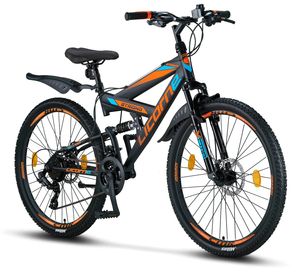 Licorne Bike Strong 2D Premium Mountainbike in 26, 27,5 und 29 Zoll - Fahrrad für Jungen, Mädchen, Damen und Herren - Scheibenbremse vorne und hinten - Shimano 21 Gang-Schaltung - , Farbe:Schwarz/Blau/Orange, Zoll:26