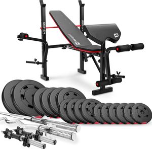 Hop-sport Premium 75 kg posilňovacia súprava s lavičkou a modlitebnou knižkou | Cementové kotúče | Posilňovacie lavice