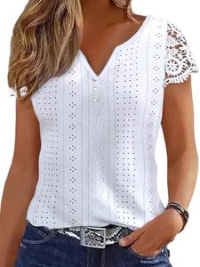 Damen Blusen Kurzarm Tops Sommer Tshirt Weiches Atmungsaktiv V-Ausschnitt Tee Oberteile Weiß,Größe L