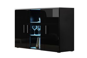 Furniture24 Kommode mit Blauer LED Beleuchtung SOHO S7 Sideboard Schrank Wohnzimmerschrank mit 3 Türen Schwarz/Schwarz Hochglanz