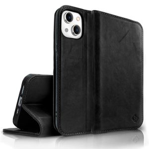 NALIA Echt-Leder Flipcase kompatibel mit iPhone 14 Hülle, Handgefertigt 100% Echtes Rindsleder Schutzhülle mit RFID-Schutz, Kartenfächern & Standfunktion, Lederhülle Handyhülle Etui, Farbe:Schwarz