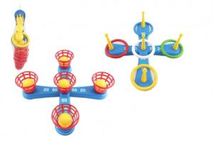 Wurfspiel Plastikkreuz mit Ringen + Becher mit Bällen im Netz