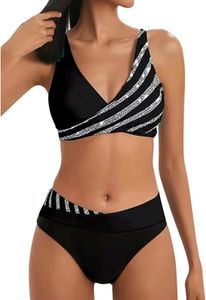 ASKSA Damen Bikini Set Push Up Zweiteiliger Streifen High Waist Badeanzug Sport Bademode, Schwarz, M