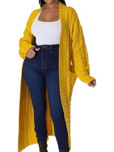 Damen Strickjacken Chunky Kabel Lange Pullover Trendy mit Taschen Maxi Outwear Cardigan Gelb,Größe M