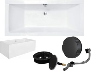 VBChome Acrylbadewanne 190 x 90 cm Weiß mit Acryl Schürze und Schwarz Siphon - Modern, langlebig und wärmeisolierend, perfekt für das Badezimmer