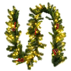 COSTWAY 270cm Weihnachtsgirlande mit 100 warmweißen LED-Leuchten, künstliche Tannengirlande mit Kiefernzapfen & Roten Beeren, Christmas Girlande mit Timer, ideal für Indoor und Outdoor