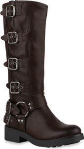 VAN HILL Damen Leicht Gefütterte Bikerstiefel Schnallen Nieten Schuhe 840848, Farbe: Braun, Größe: 39