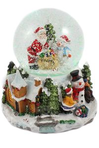 Schneekugel/Spieluhr mit Weihnachtsmann, Tannebaum und Schneemann 100mm, weihnachtlicher Sockel, Licht, Schneeantrieb, 15cm
