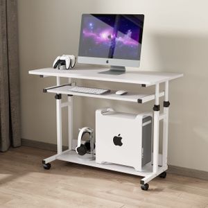 Dripex Schreibtisch höhenverstellbar, Computertisch mit Rollen,  platzsparender Laptoptisch mit Tastaturauszug und Regal, Weiß