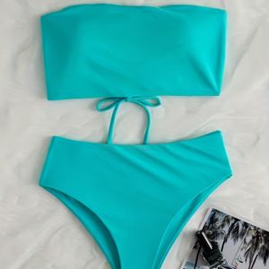 Lake Lace Up Bandeau 2-teiliges Set Bikini Solid High Waist Tie Back Dehnbarer Badeanzug für Strandbaden Badebekleidung und Kleidung für Damen