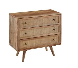 WOHNLING Sideboard 80x75x40 cm Mango Massivholz / Rattan Vintage Anrichte, Kommode 3 Schubladen, Hoher Kommodenschrank Holz Massiv, Standschrank Wohnzimmer Rohrgeflecht