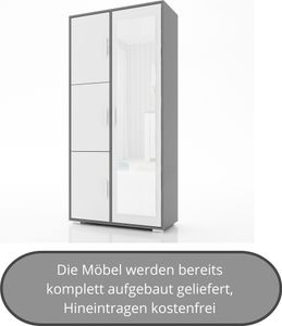 Garderobenschrank LUX 2, mit Spiegel und Fächern, Mehrzweckschrank, fertig aufgebaut, Weiß/Grau