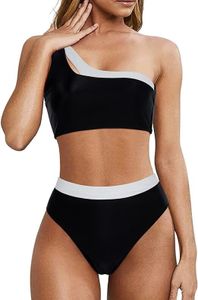 Damen-Bikini mit hohler Schulter und hoher Taille, einfarbig, Patchwork-Badeanzug