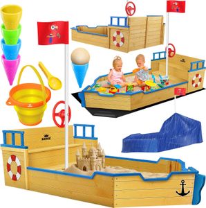 KIDIZ® Sandkasten Ahoi - Piratenschiff Boot Segelschiff aus Holz Inkl. Abdeckung, Bodenplane, Sitzbank, Flaggenmast, Sandspielzeug  | Große Kinder Sandkiste für den Garten | Outdoor Sandbox