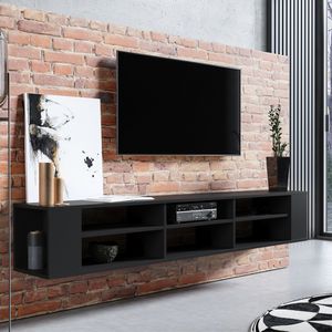 Selsey WERI - TV-Board / TV - Hängeboard Schwarz mit 6 offenen Fächern, minimalistisch, 175 cm breit