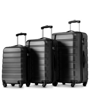 Flieks Kofferset 3 teilig Reisekoffer Set Hartschale, Trolley Hartschalenkoffer Handgepäck Koffer 3er Set mit Schwenkrollen, Schwarz