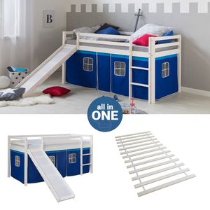 Homestyle4u 2564, Hochbett 90x200 mit Rutsche Lattenrost Vorhang blau Kinderbett Weiß Holz Kiefer Massiv Spielbett Stockbett